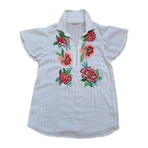 Soft Surroundings Popover Shirt Women Petite Medium Beaded Flowers Sheer Top
